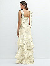 Rear View Thumbnail - Butter Yellow Floral Floral Bow-Shoulder Satin Maxi Dress with Asymmetrical Tiered Skirt