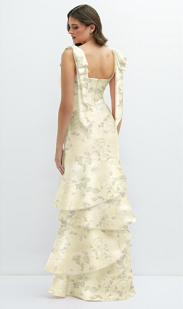 Back View - Butter Yellow Floral Floral Bow-Shoulder Satin Maxi Dress with Asymmetrical Tiered Skirt