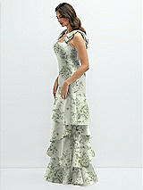 Side View Thumbnail - Sage Cottage Rose Floral Bow-Shoulder Satin Maxi Dress with Asymmetrical Tiered Skirt