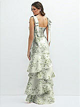 Rear View Thumbnail - Sage Cottage Rose Floral Bow-Shoulder Satin Maxi Dress with Asymmetrical Tiered Skirt