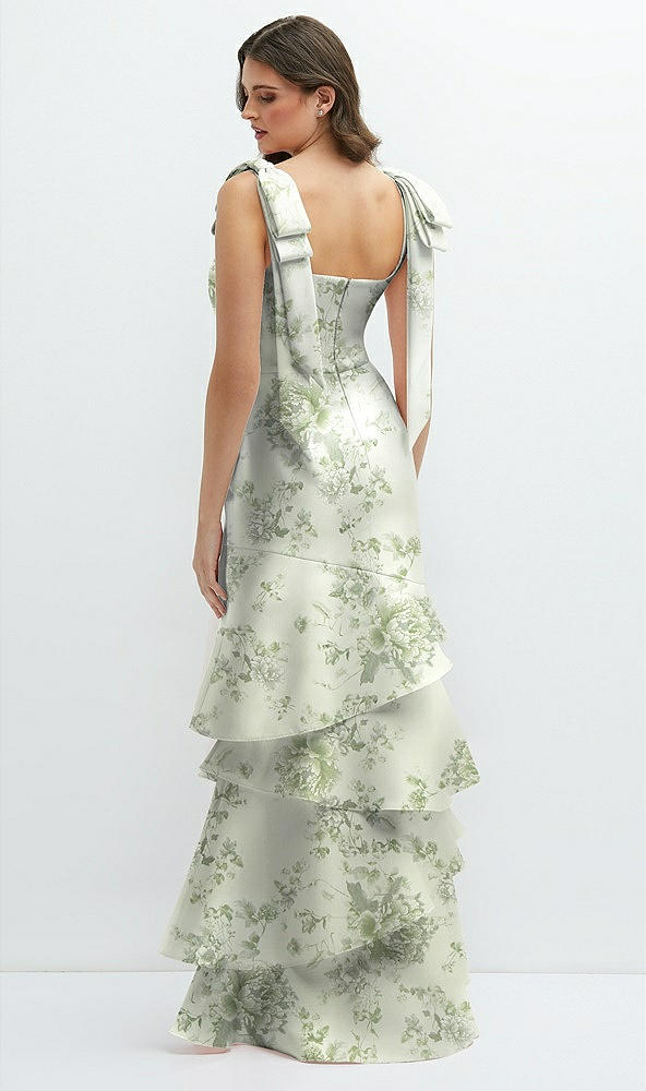 Back View - Sage Cottage Rose Floral Bow-Shoulder Satin Maxi Dress with Asymmetrical Tiered Skirt