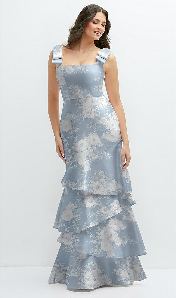 Front View - Porcelain Blue Seraphina Floral Floral Bow-Shoulder Satin Maxi Dress with Asymmetrical Tiered Skirt