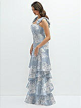 Side View Thumbnail - Porcelain Blue Seraphina Floral Floral Bow-Shoulder Satin Maxi Dress with Asymmetrical Tiered Skirt