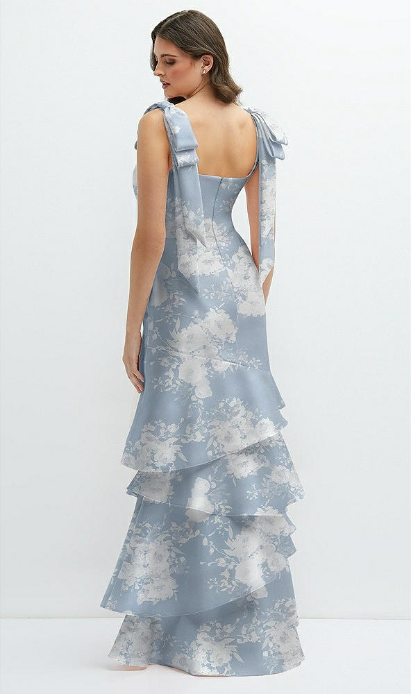 Back View - Porcelain Blue Seraphina Floral Floral Bow-Shoulder Satin Maxi Dress with Asymmetrical Tiered Skirt