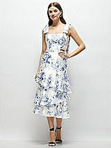 Alt View 1 Thumbnail - Cottage Rose Larkspur Floral Bow-Shoulder Satin Midi Dress with Asymmetrical Tiered Skirt