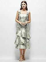 Alt View 1 Thumbnail - Sage Cottage Rose Floral Bow-Shoulder Satin Midi Dress with Asymmetrical Tiered Skirt