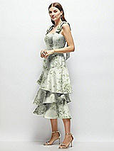 Alt View 2 Thumbnail - Sage Cottage Rose Floral Bow-Shoulder Satin Midi Dress with Asymmetrical Tiered Skirt