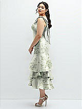 Front View Thumbnail - Sage Cottage Rose Floral Bow-Shoulder Satin Midi Dress with Asymmetrical Tiered Skirt