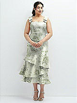 Side View Thumbnail - Sage Cottage Rose Floral Bow-Shoulder Satin Midi Dress with Asymmetrical Tiered Skirt