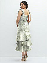 Rear View Thumbnail - Sage Cottage Rose Floral Bow-Shoulder Satin Midi Dress with Asymmetrical Tiered Skirt