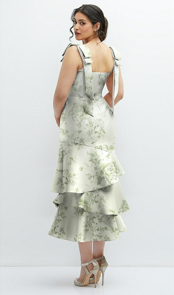 Back View - Sage Cottage Rose Floral Bow-Shoulder Satin Midi Dress with Asymmetrical Tiered Skirt