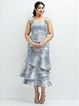 Side View Thumbnail - Porcelain Blue Seraphina Floral Floral Bow-Shoulder Satin Midi Dress with Asymmetrical Tiered Skirt