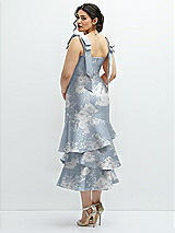 Rear View Thumbnail - Porcelain Blue Seraphina Floral Floral Bow-Shoulder Satin Midi Dress with Asymmetrical Tiered Skirt