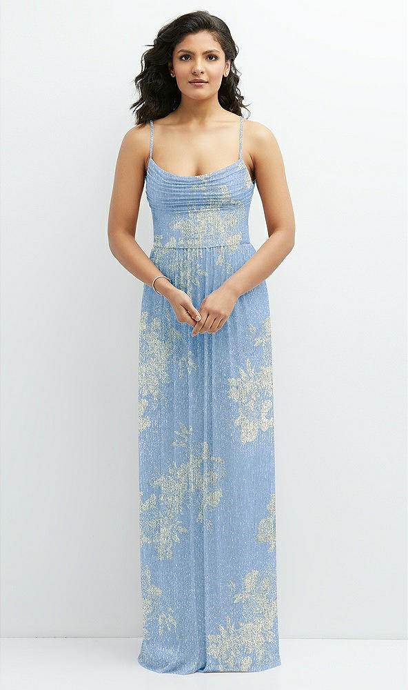 Front View - Larkspur Gold Foil Soft Cowl Neck Metallic Pleated Maxi Dress with Floral Gold Foil Print