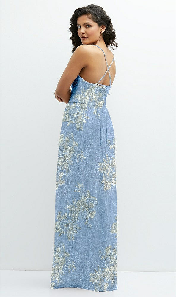 Back View - Larkspur Gold Foil Soft Cowl Neck Metallic Pleated Maxi Dress with Floral Gold Foil Print