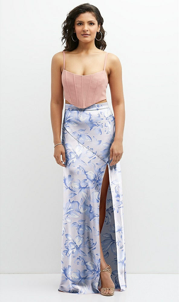 Front View - Magnolia Sky Floral Satin Mix-and-Match High Waist Seamed Bias Skirt