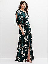 Side View Thumbnail - Vintage Primrose Evergreen Floral One-Shoulder Satin Maxi Dress with Chic Oversized Shoulder Bow