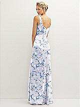 Rear View Thumbnail - Magnolia Sky Floral Square-Neck Satin A-line Maxi Dress with Front Slit