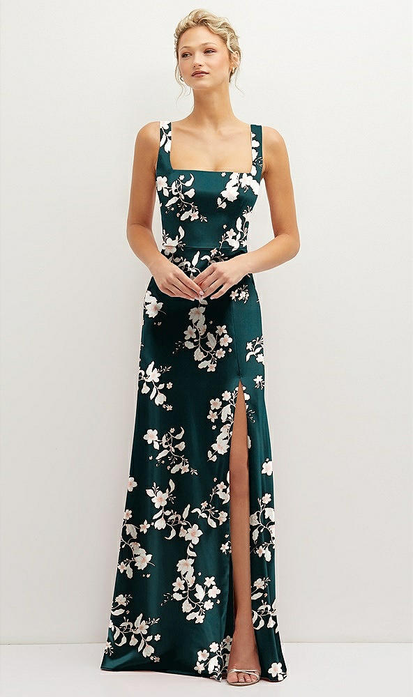 Front View - Vintage Primrose Evergreen Floral Square-Neck Satin A-line Maxi Dress with Front Slit