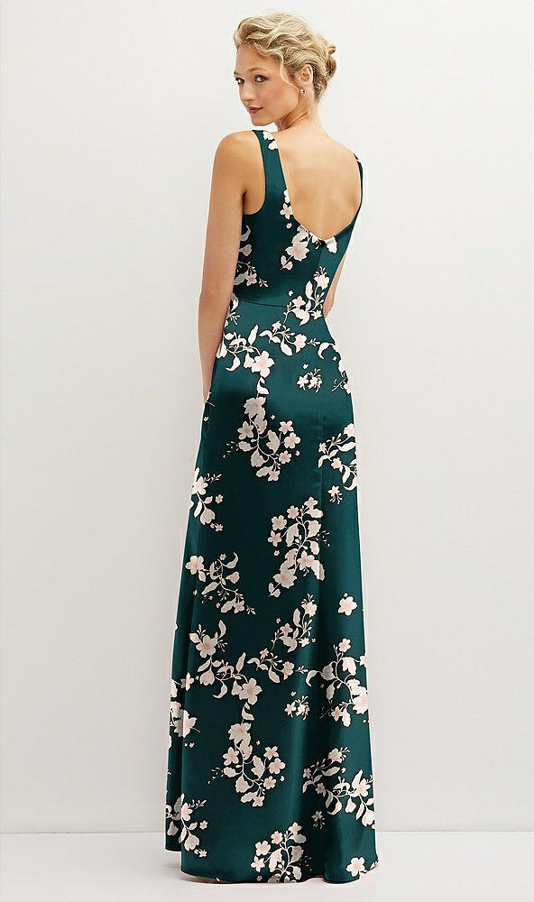 Back View - Vintage Primrose Evergreen Floral Square-Neck Satin A-line Maxi Dress with Front Slit