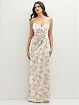 Front View Thumbnail - Golden Hour Floral Asymmetrical Draped Pleat Wrap Satin Maxi Dress