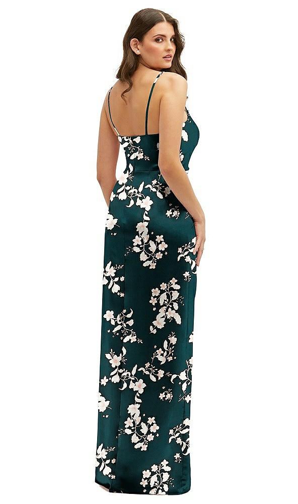 Back View - Vintage Primrose Evergreen Floral Asymmetrical Draped Pleat Wrap Satin Maxi Dress