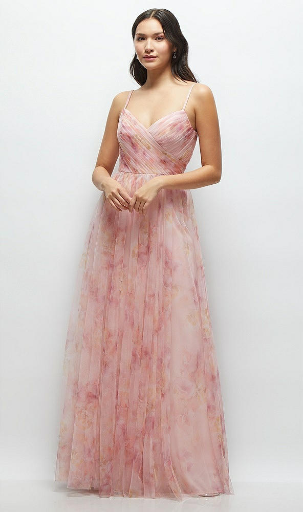 Front View - Rose Garden Floral Ruched Wrap Bodice Tulle Dress with Long Full Skirt