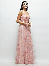 Side View Thumbnail - Rose Garden Floral Ruched Wrap Bodice Tulle Dress with Long Full Skirt