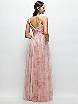 Rear View Thumbnail - Rose Garden Floral Ruched Wrap Bodice Tulle Dress with Long Full Skirt