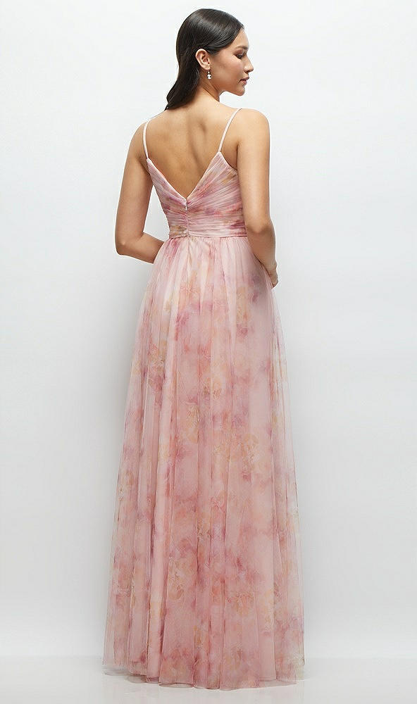 Back View - Rose Garden Floral Ruched Wrap Bodice Tulle Dress with Long Full Skirt