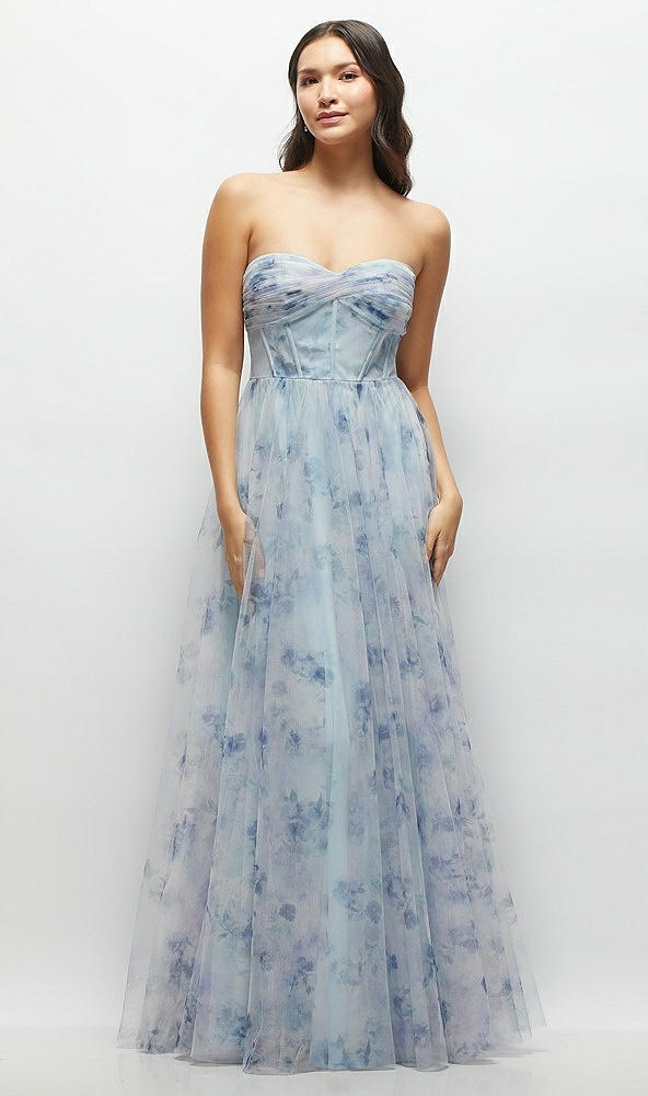 Front View - Mist Garden Floral Strapless Twist Cup Corset Tulle Dress with Long Full Skirt