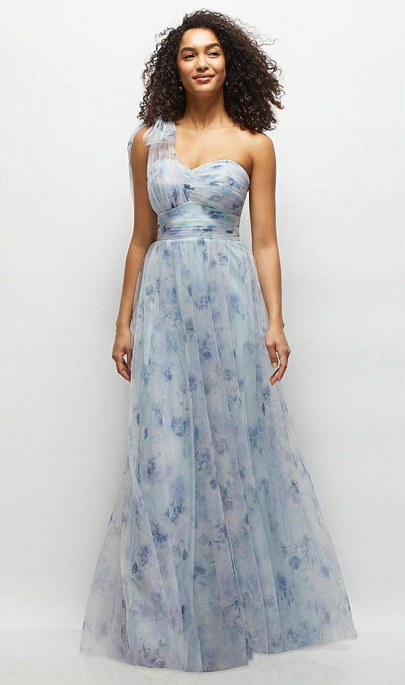 Front View - Mist Garden Floral Scarf Tie One-Shoulder Tulle Dress with Long Full Skirt