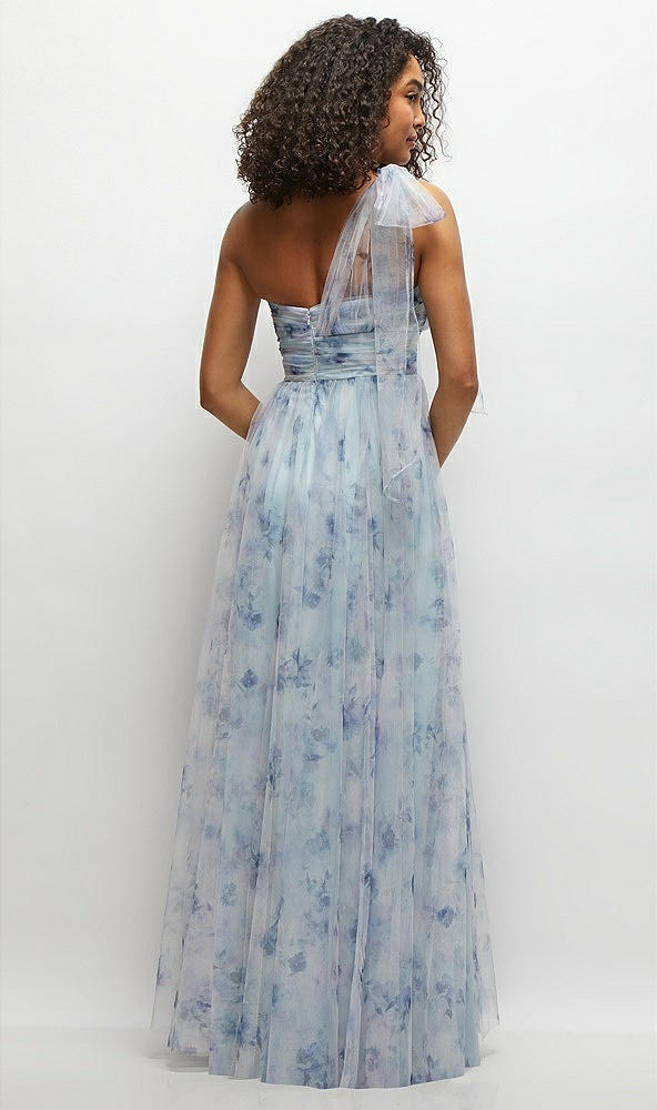 Back View - Mist Garden Floral Scarf Tie One-Shoulder Tulle Dress with Long Full Skirt