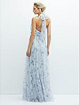 Rear View Thumbnail - Mist Garden Floral Tie-Back Halter Tulle Dress with Long Full Skirt & Rosette Detail