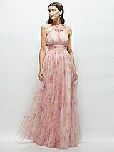 Front View Thumbnail - Rose Garden Floral Tie-Back Halter Tulle Dress with Long Full Skirt & Rosette Detail