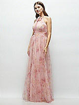 Side View Thumbnail - Rose Garden Floral Tie-Back Halter Tulle Dress with Long Full Skirt & Rosette Detail