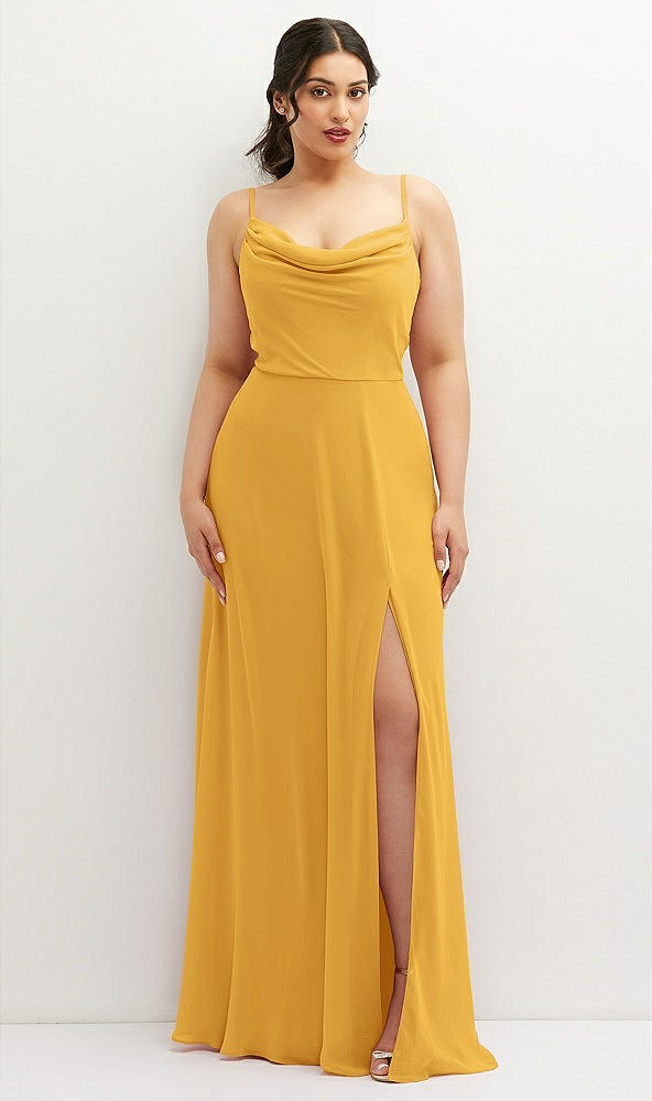 Front View - NYC Yellow Soft Cowl-Neck A-Line Maxi Dress with Adjustable Straps