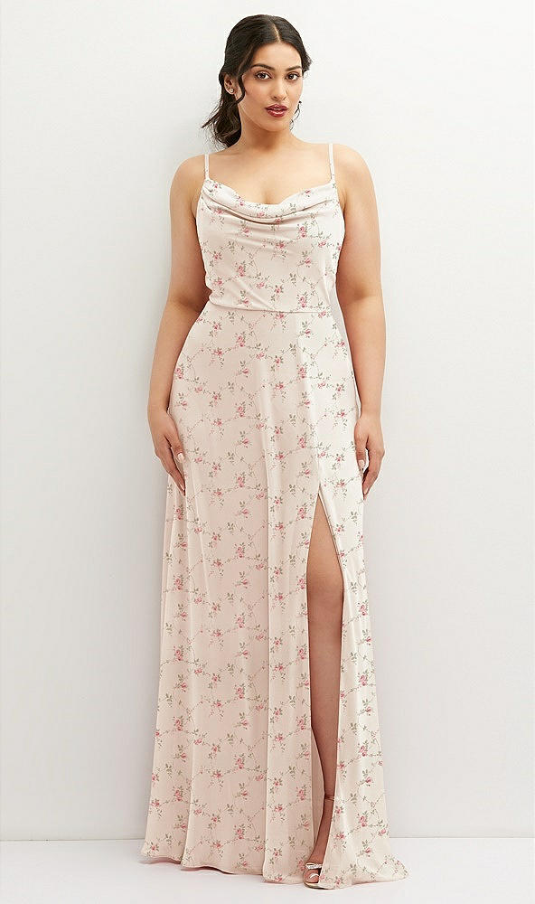 Front View - Coquette Floral Print Soft Cowl-Neck A-Line Maxi Dress with Adjustable Straps