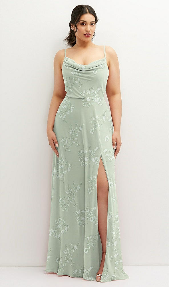 Front View - Vintage Primrose Sage Soft Cowl-Neck A-Line Maxi Dress with Adjustable Straps