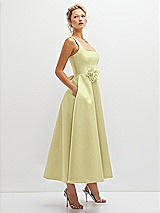 Side View Thumbnail - Butter Yellow Square Neck Satin Midi Dress with Full Skirt & Flower Sash