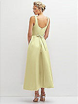 Rear View Thumbnail - Butter Yellow Square Neck Satin Midi Dress with Full Skirt & Flower Sash