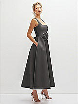 Side View Thumbnail - Caviar Gray Square Neck Satin Midi Dress with Full Skirt & Flower Sash