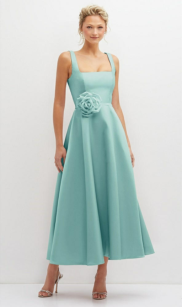 Front View - Coastal Square Neck Satin Midi Dress with Full Skirt & Flower Sash