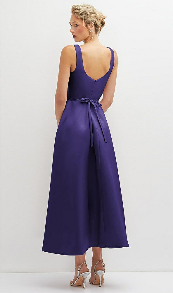 Back View - Grape Square Neck Satin Midi Dress with Full Skirt & Flower Sash