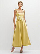 Front View Thumbnail - Maize Square Neck Satin Midi Dress with Full Skirt & Flower Sash