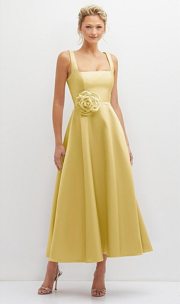 Front View - Maize Square Neck Satin Midi Dress with Full Skirt & Flower Sash