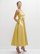 Side View Thumbnail - Maize Square Neck Satin Midi Dress with Full Skirt & Flower Sash