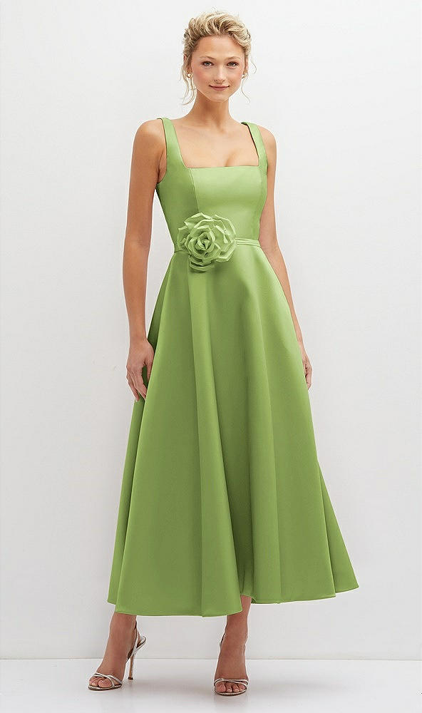 Front View - Mojito Square Neck Satin Midi Dress with Full Skirt & Flower Sash