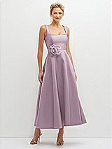 Front View Thumbnail - Suede Rose Square Neck Satin Midi Dress with Full Skirt & Flower Sash