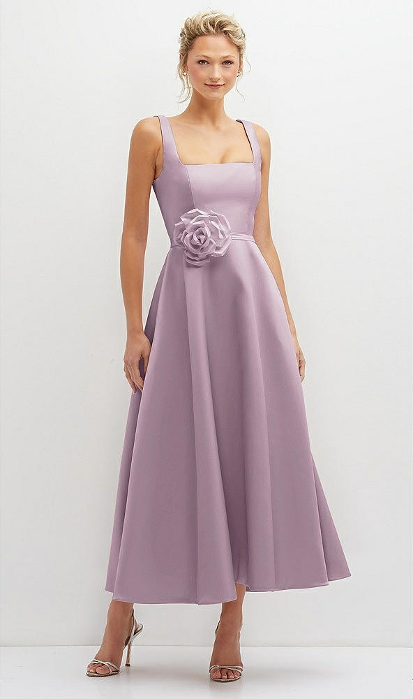 Front View - Suede Rose Square Neck Satin Midi Dress with Full Skirt & Flower Sash